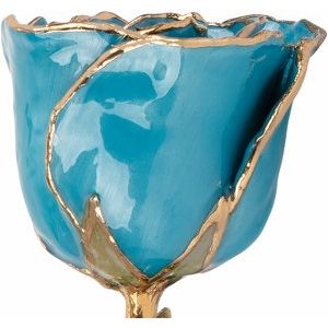 Lacquered Aquamarine Colored March Birthstone Rose with Gold Trim