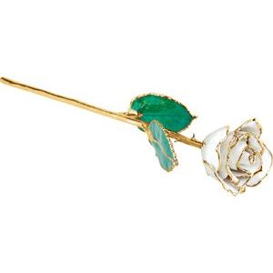 Lacquered White Sparkle Diamond Colored April Birthstone Rose with Gold Trim